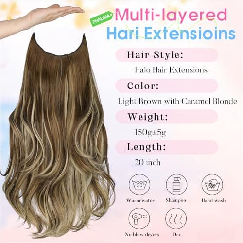 Invisible Wire Hair Extensions with Transparent Wire Adjustable Size 4 Secure Clips Long Wavy Secret Hairpiece 20 Inch for Women(Light Brown with Caramel Blonde) - Thumbnail 2