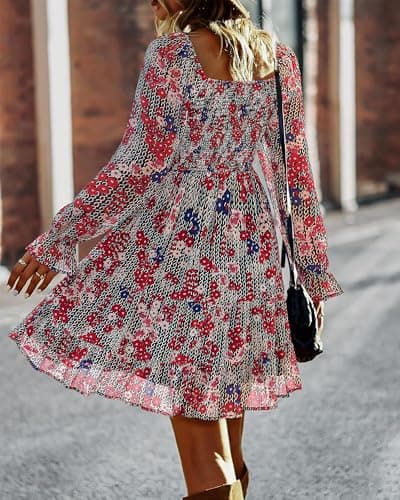 BTFBM Womens Long Sleeve Dress Summer Vacation Square Neck Smocked Floral Mini Boho Fall Wedding Guest Dresses 2026(Print Flower Red, Large) - Thumbnail 3