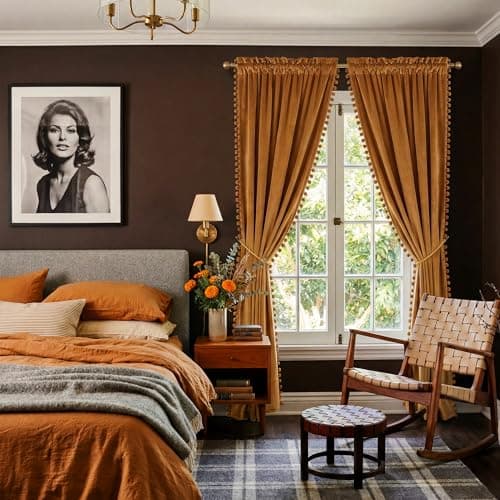 NICETOWN Mustard Gold Pom Pom Velvet Curtains 8 ft Long - Room Darkening Luxurious Drapes for Living Room & Bedroom, Extra Long Window Treatments, 52" W x 96" L, 2 Panels - Thumbnail 2