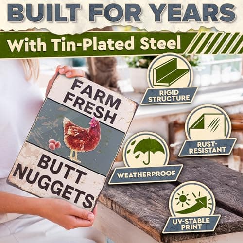 Metal Funny Chicken Coop Signs for Outside 8x12 in – Farm House Kitchen Decorations – Rustic Tin Farmhouse Wall Art and Vintage Chicken Decor for Kitchen, Porch, Barn, Backyard, Garden or Country Home - Thumbnail 3