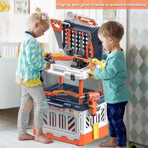 Kids Tool Bench - Toy Workbench with Storage Box,4 in 1 Kids Tool Set with Electric Drill Toy Tool Accessories 90pcs Pretend Play Construction Toy Educational Gift for Kids 3-5,4-8 - Thumbnail 6