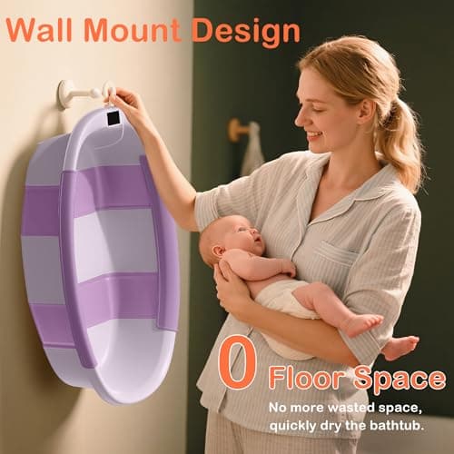 Collapsible Baby Bathtub - Large Baby Bath Tub with Thermometer & Cushion | Travel Portable Newborn Infant Bathtub | Foldable Toddler Bathtub for Baby 0 to 36 Months (Purple) - Thumbnail 6