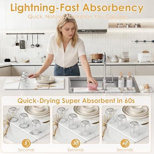 3-Piece Stone Dish Drying Mat Set for Kitchen Counter - Ultra-Absorbent Diatomaceous Earth Tray with Sink Faucet Protector - Quick Dry Minimalist Countertop Organizer for Dishes, Bottles & Cups - Thumbnail 2