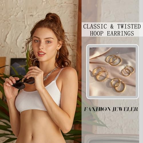 42 Pairs Gold Hoop Earrings Set for Women, Fashion Chunky Pearl Earrings Multipack Twisted Statement Earring Pack, Hypoallergenic Small Big Hoops Earrings for Birthday Party (Gold-45 pairs) - Thumbnail 3