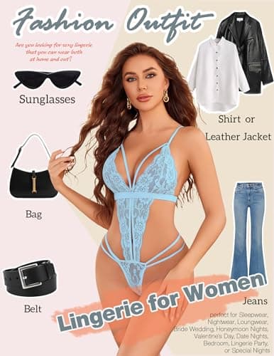 Avidlove Plus Size Underwear for Women One Piece Teddy Lingerie V Neck Sexy Nightie(Light Blue, XX-Large) - Thumbnail 4