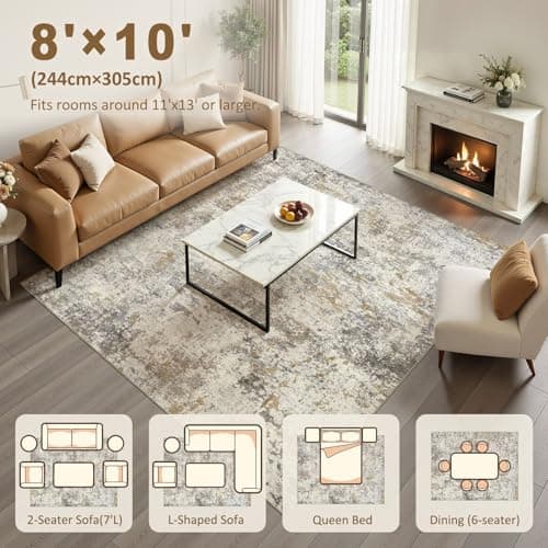 kakania 8x10 Washable Area Rug: Abstract Modern Non Slip Soft Low Pile Carpet, Easy Clean Polyester Kid Pet Friendly, Thin Rug for Living Room Bedroom Kids Dorm Office, Robot Vacuum - Brown Gold - Thumbnail 2
