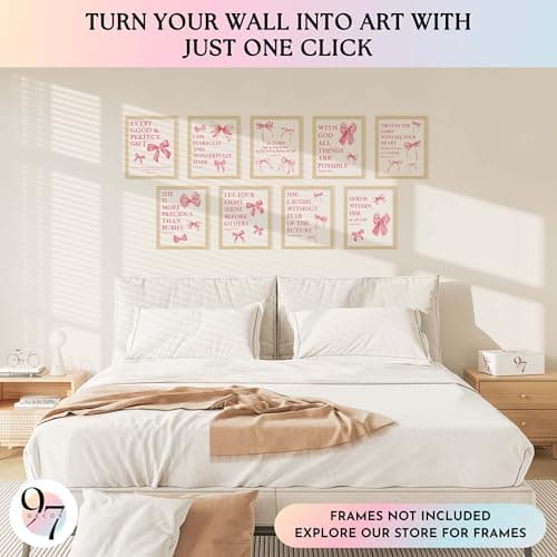 97 Decor Pink Coquette Room Decor For Teen Girls - Light Pink Wall Art For Bedroom, Trendy Bow Pictures For Bathroom Dorm Decorations, Cute Preppy Posters For Room Aesthetic (8x10 Unframed) - Thumbnail 3