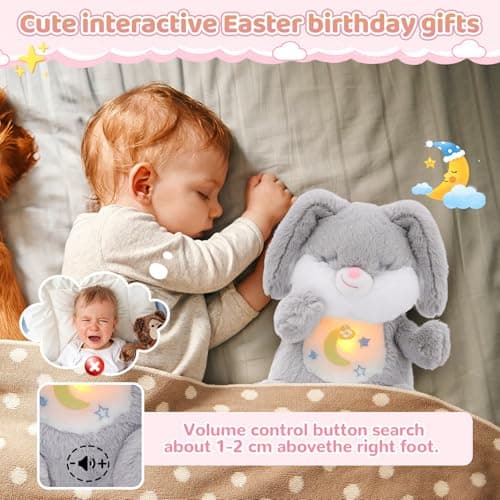 Breathing Stuffed Animal, Soothe Snuggle Bunny Plush, Sleep Buddy Soothing Stuffed Bunny for Anxiety Adults and Kids, Volume Control Easter Bunny Gifts with Realistic Breathing and Lights Music - Thumbnail 4