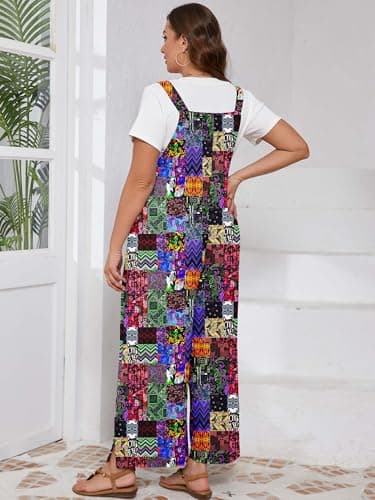 AusLook Plus Size Jumpsuits for Women Adjustable Straps Wide Leg Overalls Casual Loose with Pockets - Thumbnail 2