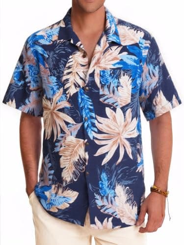ALLOVIN Mens Camp Collar Hawaiian Shirt Linen Tencel Floral Button Down Loose Fit for Summer Beach & Holiday Party | Brown Leaves on Blue | Large - Image 1
