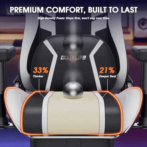 Douxlife 3D Kneading Massage Gaming Chair with Footrest, 400lbs Heavy Duty PC Computer Desk Chair for Adults, Adjustable 2D Armrests, Ergonomic 175° Recline & Optional Heat, Black&White - Thumbnail 5