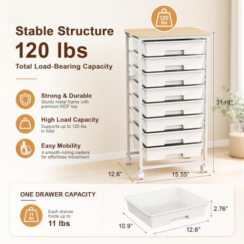 LEHOM Rolling Storage Cart with 8 Drawers, Utility Cart on Wheels with Metal Frame and Wooden Tabletop for Living Room Bedroom Dorm, Office Storage & Art Supply Craft Organizer for Classroom - Thumbnail 2
