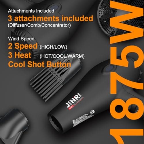 Hair Dryer - JINRI 1875W Diffuser Blow Dryer for Salon & Personal Use – Powerful, Fast Drying with Diffuser, Comb & Nozzle for Women & Men, ALCI Safety Plug, Black - Thumbnail 5