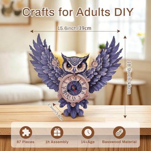 3D Puzzles for Adults Owl Clock Crafts for Adults Wooden Puzzles Home Wall Decor Pendulum Clock with Roman Numerals Gift for DIY - Thumbnail 3