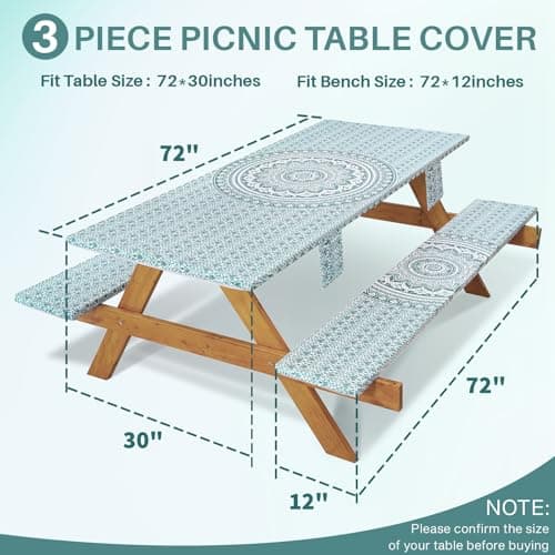 Jobunai Fitted 6Ft Picnic Table Cover with Chair Covers Elastic Polyester Stain Resistant Reusable Camping Table Cloth Patio Glamping Equipment Hiking Rv Outdoor Necessities Gifts for Grandma Grandpa - Thumbnail 2