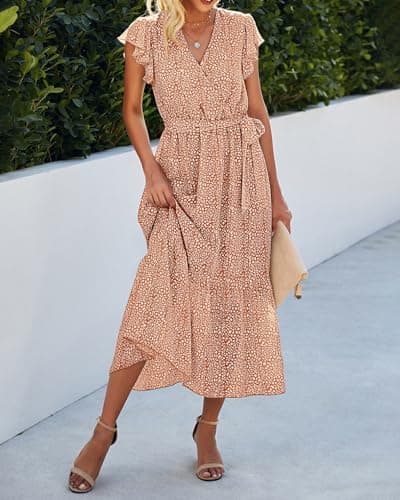 BTFBM Women Summer Bohemian Floral Casual Wrap V Neck Ruffle Cap Sleeveless Belt A-Line Pleated Hem Swing Midi Sun Dress (Coffee, X-Large) - Thumbnail 4
