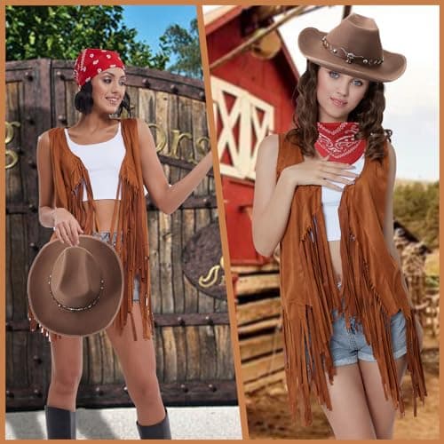 PARTTELY Western Cowgirl Outfits for Women, 70s Hippie Costume Cowgirl Tassels Fringe Vest, Cowboy Hat for Women, Bandana - Thumbnail 2