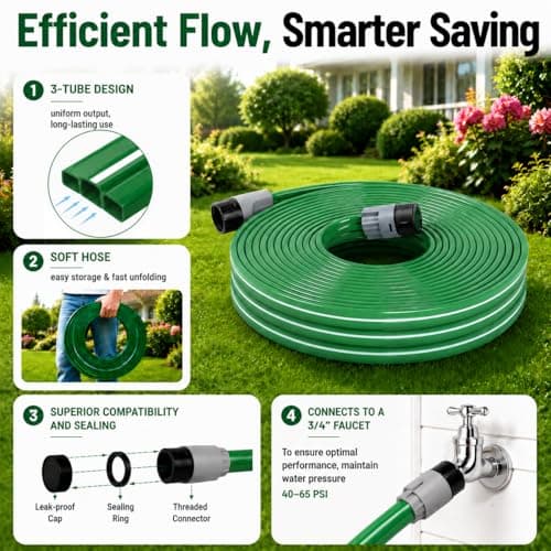 MIXC Reinforced Sprinkler Hose with Holes, 50FT (25FT×2 Pack) No-Kink Heavy Duty Flat Sprinkler Soaker Hose with Stakes & Splitters, Drip Irrigation Garden Hose for Lawn, Vegetable, Yard & Flower Bed - Thumbnail 6