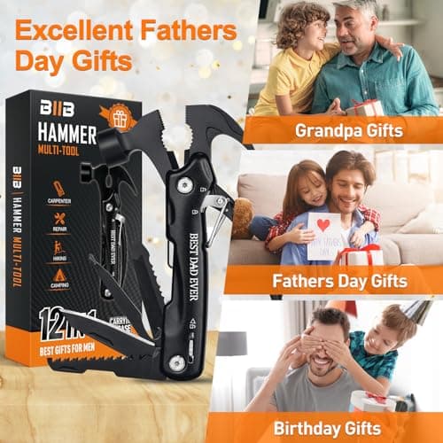 BIIB Fathers Day Mens Gifts for Husband Dad Grandpa, 12 in 1 Hammer Multitool Camping Essentials, Gifts for Men, Personalized Fathers Day Dad Gifts from Daughter Son Wife, Camping Gear Survival Tools - Thumbnail 2