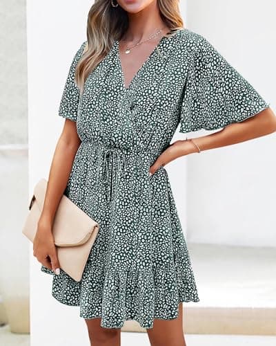 KIRUNDO Womens Summer Dresses 2026 Casual Spring Short Sleeve V Neck Ruffle Floral Print High Waist Belted Flowy Mini Dress(Dark Green, Small) - Thumbnail 6