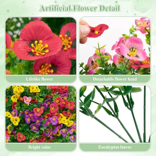 U'Artlines Artificial Flowers for Outdoor, 16 Bundles Realistic Pansies Fake Flower Plants with Eucalyptus, UV Resistant Colorful Silk Flower for Outside Planter Porch Garden Patio - Thumbnail 5