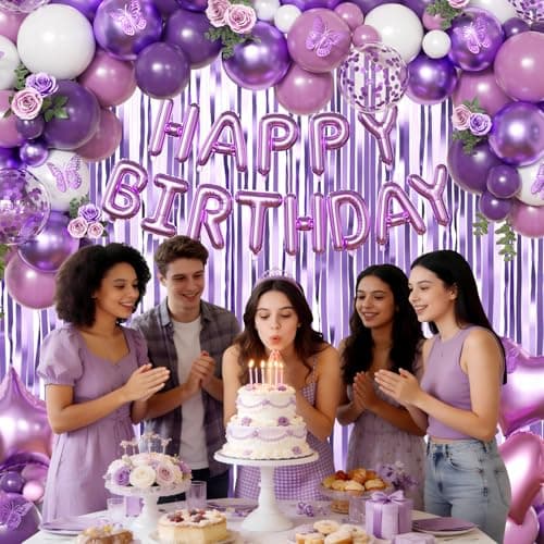 Purple Birthday Decorations for Women Girls, Metallic Dark Dusty Purple White Purple Foil Confetti Balloons Happy birthday Banner Purple Butterfly Fringe Curtains Birthday Decorations - Thumbnail 6