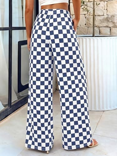BTFBM Womens Checkered Palazzo Pants Wide Leg High Waisted Pockets Gingham Casual Lounge Pajama Trousers Summer Outfits(Plaid Grey Blue,Small) - Thumbnail 2