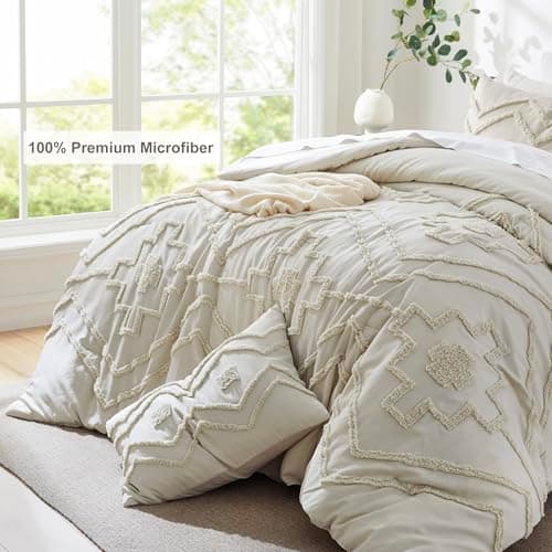 Oli Anderson Boho Tufted Comforter Set Queen Size, 3 Pcs Soft Jacquard Bedding Set for All Seasons, Shabby Chic Farmhouse Bedding Set with Comforters for All Seasons (Beige, Queen) - Thumbnail 6