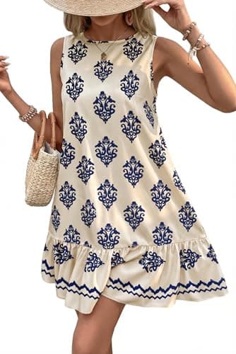 BLENCOT Summer Dresses for Women 2026 Floral Boho Casual Flowy Crewneck Sleeveless Ruffle Beach Vacation Bow Tie Back Mini Dresses Light Blue Large - Image 1