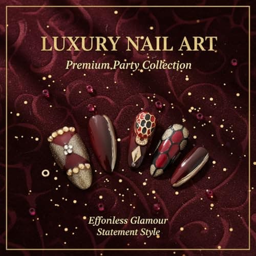 Tesytto Dark Red Press on Nails Luxury Medium Almond, Handmade Fake Nails 3D Design with Snake Charm Rhinestones Glossy Full Cover Thick Acrylic Nails for Valentine's Day(Red Flame,S) - Thumbnail 2