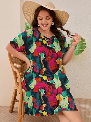 AusLook Plus Size Midi Dress for Women Multicolored 4X Short Sleeve V Neck Criss Cross A Line Summer Casual Vacation Dress T-Shirt 2026 Sundresses with Pockets - Thumbnail 2