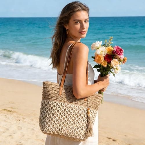 iSamzan Straw Tote Bag for Women: Handwoven Beach Purse with Cutout Design for Travel & Pool Day - Thumbnail 2