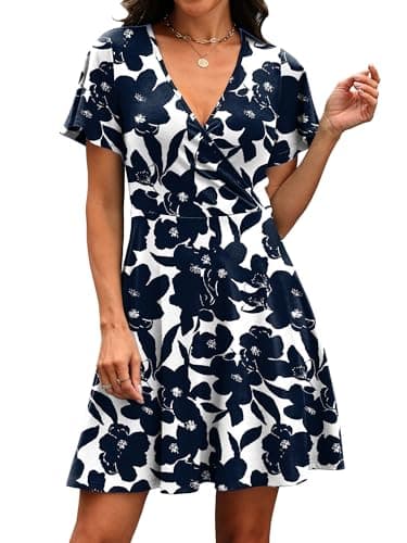 RUMIA Sundresses for Women 2026 Summer Beach Dresses Short Sleeve Empire Waist Dress Spring Clothes Floral Navy 02 S - Thumbnail 3