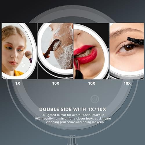 Rocollos Rechargeable Wall Mounted Lighted Makeup Mirror, 8 Inch Double-Sided LED Vanity Mirror 1X/10X Magnification,3 Color Lights Touch Screen Dimmable (Narrow Base-Chrome) - Thumbnail 4