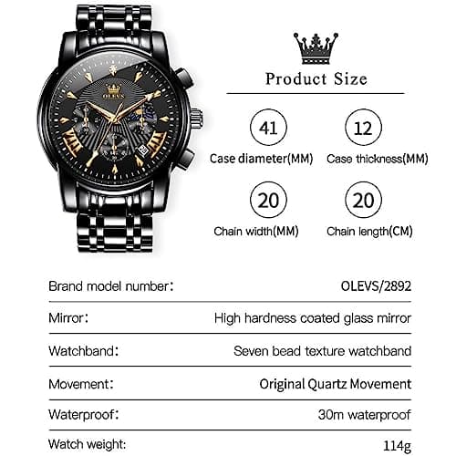 OLEVS Watch Men Black Watches for Men Chronograph Stainless Steel Mens Watches Big Face Classic Luxury Men's Wrist Watch with Date Luminous Waterproof Dress Analog Quartz Relojes para Hombres - Thumbnail 6