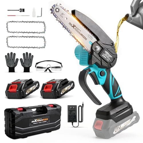 maXpeedingrods Mini Chainsaw Cordless, 6 inch Chainsaw Handheld Power Chain Saws with 2 Batteries, 3 x Durable Chains, Electric Chainsaw Lightweight Handheld Saw for Tree Trimming, Wood Cutting, Blue