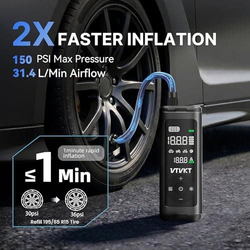 VTVKT Tire Inflator Portable Air Compressor, Cordless Inflation Air Pump,12000mAh, 150PSI, Auto Stop, Tire Pressure Gauge, LED/SOS Light, for Car SUV Motorcyle Bike, Flagship Package - Thumbnail 2