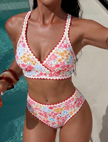 ZAFUL Womens High Waisted Bikini Sets Floral Print Whip Stitch 2 Piece Swimsuits V-Neck Crisscross Tie Back Bathing Suit Red Small - Thumbnail 4