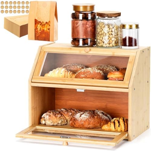 Wcatea Bread Box for Kitchen Countertop, Large Double Layer Bamboo Bread Storage Box with Clear Door, Includes 20 Bread Bags & Labels, Farmhouse Kitchen Storage Organizer (Natural Bamboo) - Image 1