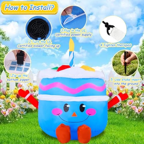 GIFTFIND 4.3Ft Cute Inflatable Cake Outdoor Decoration, Mirthful Cake Doll with Arm & Leg Blow Up Birthday Party Event Indoor Garden Lawn Yard Inflatables Decor, Blue - Thumbnail 6