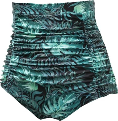 COCOPEAR Women's Ruched High Waisted Bikini Bottom Retro Vintage Swim Short Tankinis Floral 96 S - Thumbnail 2