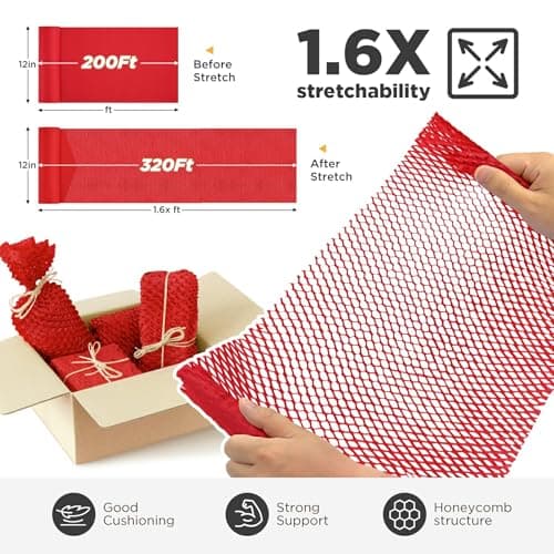 Honeycomb Packing Paper, 12"x200' Red | Perforated Honeycomb Packing Paper Recyclable Moving Supplies for Shipping & Moving | Plastic-Free Alternative to Bubble Cushion Wrap with 36 Fragile Stickers - Thumbnail 2