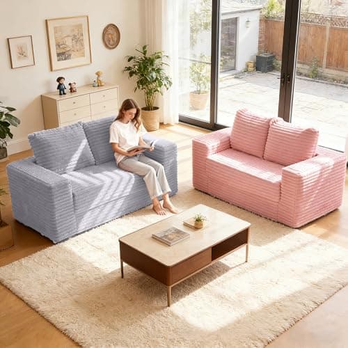 Kasunpul 62" Convertible Sofa Bed, 4 in 1 Folding Couch Bed with Corduroy Fabric & 2 Pillows, Pull Out Floor Couch for Living Room, Bedroom, Apartment (Light Grey) - Thumbnail 6
