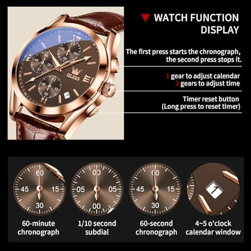 OLEVS Brown Leather Watch Chronograph Dress Water Resistant Classic Mens Watch with Leather Band Casual Analog Young Men's Wrist Watches Relojes para Hombres - Thumbnail 5