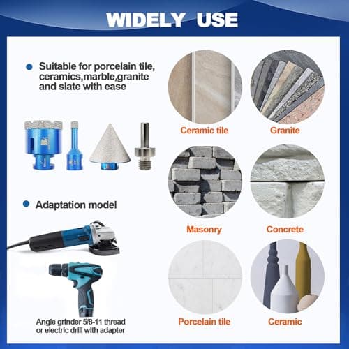 Diamond Core Drill Bit Set - BRSCHNITT 1/4" 5/16" 3/8" 1" 1-3/8" 2" 2-1/2"Diamond Tile Hole Saw Kit for Drilling Porcelain Tile Ceramic Marble Granite,2" Diamond Chamfer Bit&Adapter - Thumbnail 4