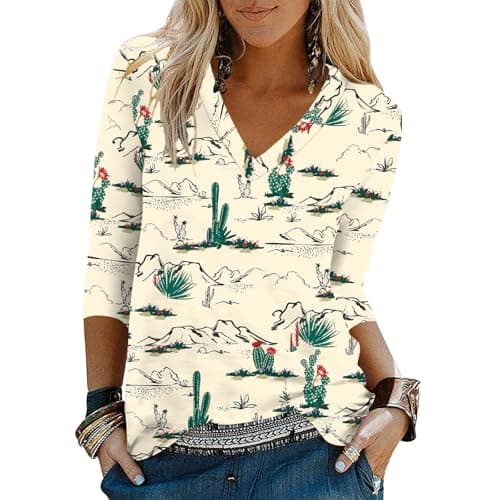 Binshre Womens Western Tops 3/4 Length Sleeve Shirts Graphic Cowboy Chic Shirts for Women V Neck Cactus Desert Print Loose Casual Fall Tunic Blouses Tees - Image 1