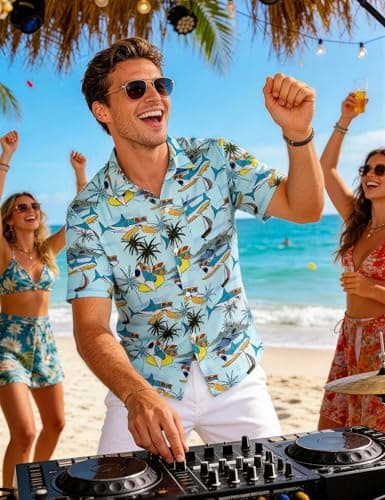 EoBeKee Hawaiian Shirt for Men, Shark Print Cool Short Sleeve Button Down Tropical Shirt for Summer Fishing & Surfing Holiday - Thumbnail 3