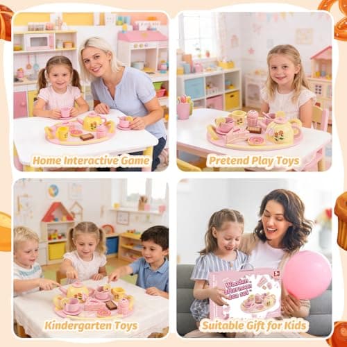 Tea Party Set Wooden Tea Sets for Toddlers 3-5 Play Food Pretend Play Toys Kids Tea Set for Girls 6-8 Birthday Gift Wooden Tea Party Set for Little Girls 3 4 5 6 Years Old Outdoor Tea Time Game - Thumbnail 6