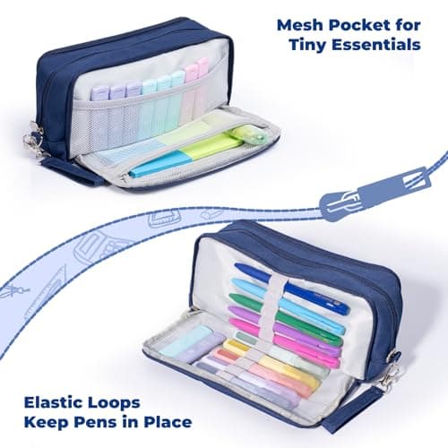 Four Candies Blue Pencil Case 3 Compartment Pouch, Large Pencil Case for School, Girls, Teen Boys, Women, Dark Blue, Removable Handle & Zipper, Cute Pencil Bag for Office, College - Thumbnail 3