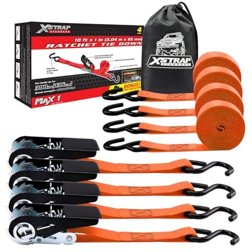 XSTRAP STANDARD Ratchet Tie Down Straps 4 Pk 10 Ft- 300 Lbs Load Cap- 900 Lbs Break Strength-Cargo Straps for UTV, ATV, Pickup,Truck, Moving Appliances, Lawn Equipment, Orange